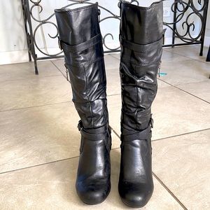 Guess black scrunchy buckled heeled tall boots